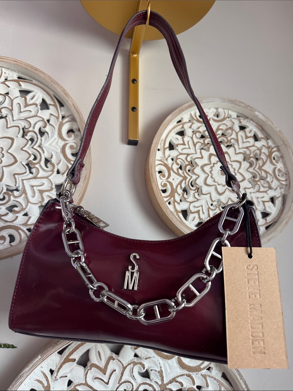 Steve Madden Wine Red Shoulder Bag with Silver Chain